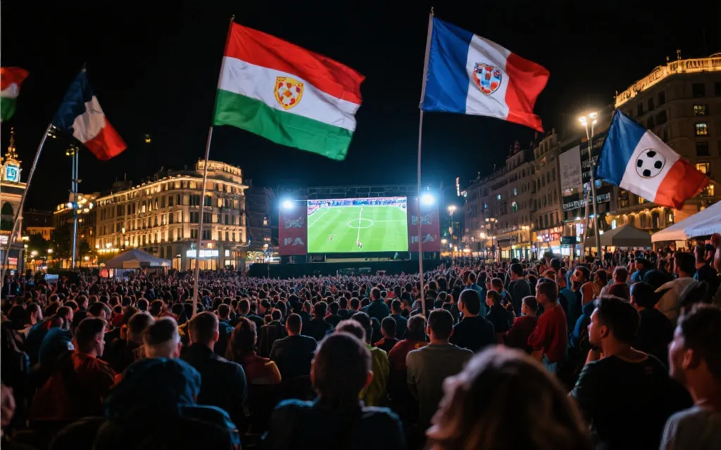 夜晚球迷在城市广场观看世界杯大屏幕，墨西哥风格色彩与热烈氛围